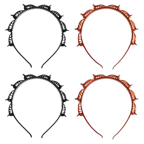 TRKETK 4 Piezas Diadema con Pinzas, Pinzas para el Pelo Trenzadas Horquillas De Doble Flequillo para Peinado Diademas con Clips de Plástico Horquilla de Peluquería para Mujeres Niñas (Negras+Marrones)