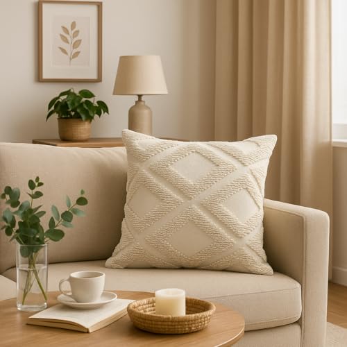 Image of Premium Cotton Cushion Cover, 20 Inch x 20 Inch, Circular Knit Neutral Textured, Square Accent, Cushion Cover Set of 5 for Living Room, Sofa (Diamond-2)