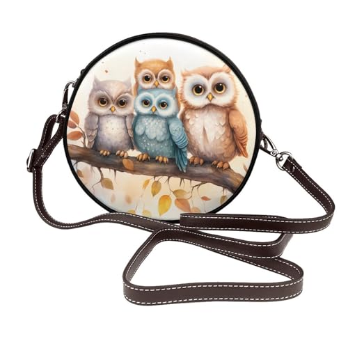 Sac à bandoulière rond femme aquarelle chouette, sac à main circulaire cuir végétalien