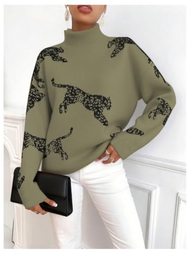 Image of WDIRARA Women's Leopard Tiger Print Sweater High Neck Long Sleeve Fuzzy Knitted Pullover Top
