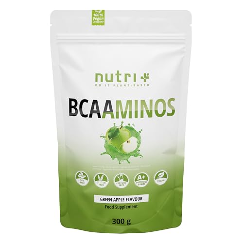 Nutri + BCAA Pulver Green Apple - Aminosäuren Komplex hochdosiert + vegan - BCAAs Instant Powder - Geschmack Grüner Apfel 300 g - Aminosäurepräparat