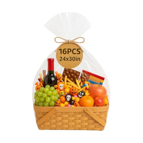 WIKDAY Clear Gift Bags 5 PCS 24x30 Inches Large Cellophane Wrap for Gift Baskets Wrapping Plastic with Ties for Gift Giving, Packaging Products