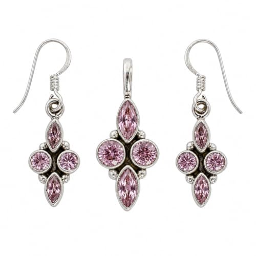 Juego de joyas de cuarzo rosa antialérgico con pendientes de plata contra pieles sensibles