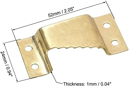 A gold-colored picture hanger with dimensions labeled: 52mm / 2.05 inches length, 24mm / 0.94 inches width, and 1mm / 0.04 inches thickness.