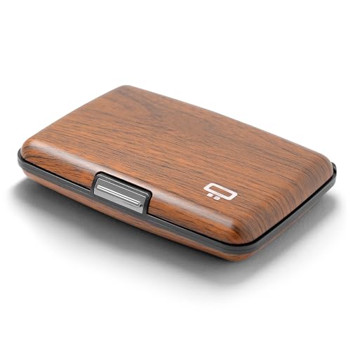 Image of OGON -DESIGNS- Aluminum card holder, RFID protection against fraud and demagnetization, compact wallet, Smart Case STOCKHOLM model (Covering wood imitation Sequoia, Extra-secure lock)