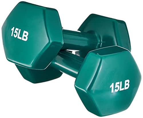 Amazon Basics Vinyl Coated Dumbbell Hand Weights, 6.8 Kilograms, Pair, Teal by Amazon Basics - Used condition - CA$43.87