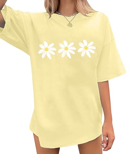 QIXYN Oversized Floral Shirt for Women Vintage Daisy Flower Graphic Tees