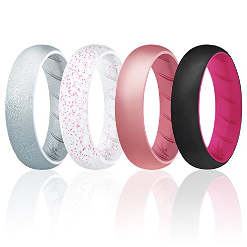 ROQ Silicone Rings for Women, Breathable Silicone Rings, Sets of 4 Bands, Unique Silicone Wedding Ring for Women, Medical Grade Silicone Rubber Band - Metal Pink, Silver, Black Colors - Size 9