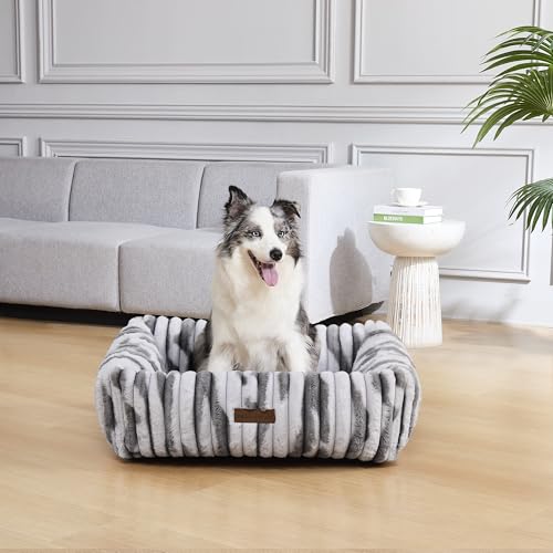 Image of Modern Threads Ribbed Plush Two-Tone Cuddler Dog Bed, Ultra-Soft Faux Rabbit Fur, Supportive Bolstered Sides, Removable Washable Cover, Bed for Medium Dogs, Silver, (28 inch L x 21 inch W x 9 inch Th)