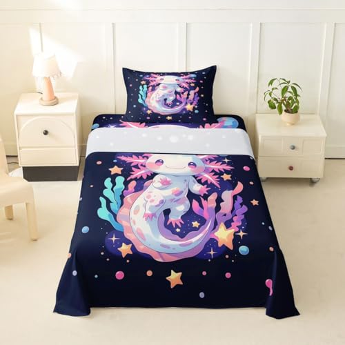 Image of jejeloiu Cute Axolotl Bed Sheets Set Twin Size Cartoon Pink Axolotl Bed Set for Kids Boys Girls Romantic Deep Pocket Fitted Sheet Breathable Soft Lightweight Microfiber
