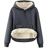 Flygo Women's Sherpa Fleece Lined Hoodie Winter Warm Thermal Heavyweight Plain Pullover Thicken Sweatshirt Tops with Pockets(Darkgrey-XL)