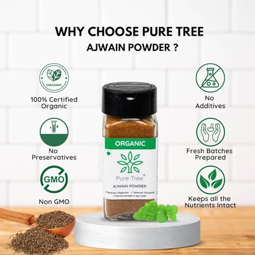 Image of Pure Tree Certified Organic Ajwain Powder | 60 g | Glass Jar | Carom Seed Powder | Ajavain | Omam Powder Gluten-Free | Vamu Seeds | Ajowan | Ayamodakam Seeds Rich In Antioxidants