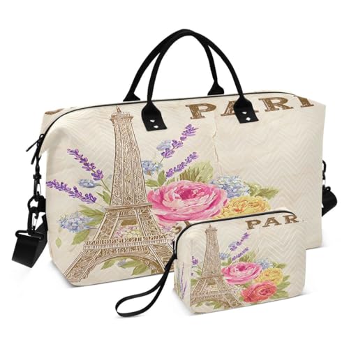 Eiffel Tower Paris France Rose Lavender Flower Travel Duffle Bag Gym Bag Weekender Bags with Toiletry Bag Travel Trip Tote Bag