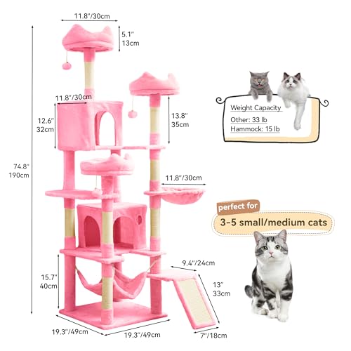 Rascador para gatos multi-niveles de 75 pulgadas rosa miniatura 3