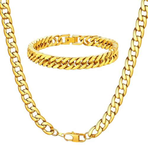 ChainsHouse Curb Link Chain Necklace Men 18K Gold Plated and Cuban Chain Bracelet for Men 8mm 19cm