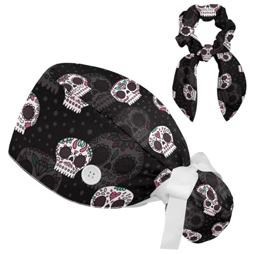 Working Cap with Button Sweatband, Dia De Los Muertos Sugar Skull Scrub Cap Surgical Hats for Women Long Hair