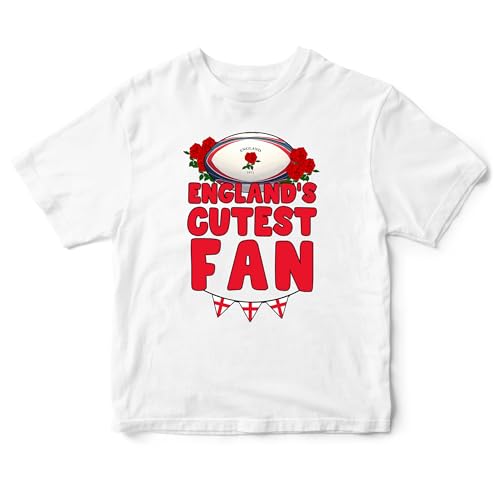 Image of Purple Print House England's Cutest Fan Baby T Shirt Boys Girls Rugby Supporters English Nation Red Roses Toddler Top Babies Gifts, 2-3 Years, White