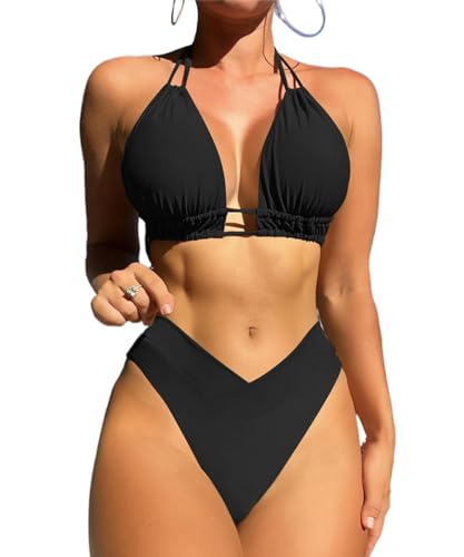Bikinis Mujer Push Up Elegante Traje de baño de Mujer de Dos Piezas Push Up Halter Bikini Estampado Cuello de V Bañadores Sexy Bikini y Deportivo de Cintura