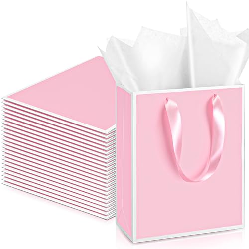 Image of Yeaqee 24 Pack Metallic Paper Gift Bags, Pink, White | with Satin Ribbon Handle and Tissue, 9x7x3.1 Inch, Suit Business, Birthday, Christmas, Thank You Return Gifts Bags