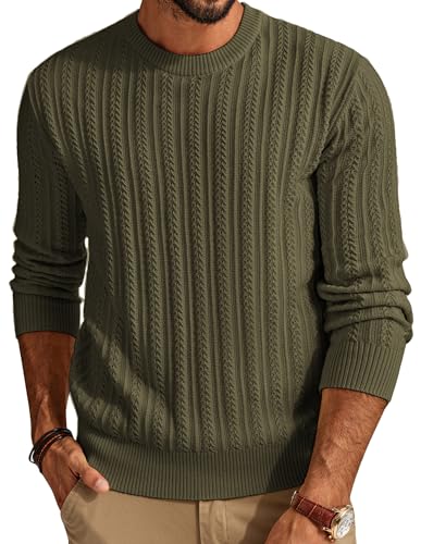 PJ PAUL JONES Mens Sweaters Casual Crewneck Sweater Cable Knit Pullovers Army Green