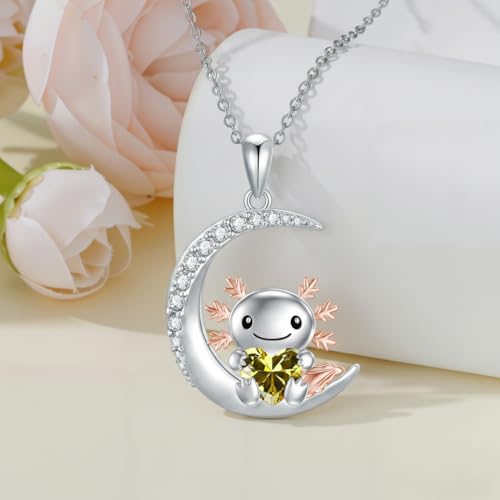 Image of PROESS Animal Birthstone Necklace 925 Sterling Silver Otter /Axolotl /Hippo /Elephant /Dachshund /Monkey /Red Panda Pendant Necklace Animal Birthstone Jewelry Gifts for Women