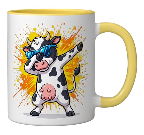 Funny Farm Animal Dab Dance | Dabbing Cow | Farmer Ceramic Mug, Yellow/White