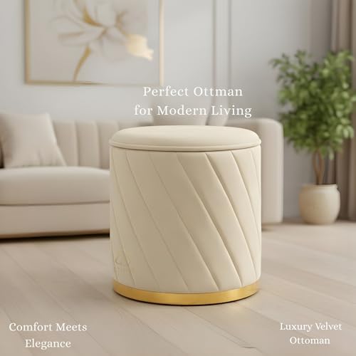 Image of Premium Velvet Ottoman Stool | Modern Round Pouffe with Gold Base | Multipurpose Seating | Living Room & Bedroom Decor (Cream Set of 2)