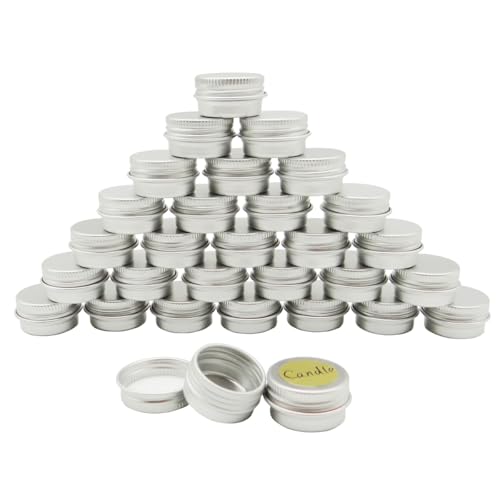 30 pack 5ml Round Lip Balm Tin Cans, 5g Aluminum Makeup Sample Containers with Screw Lid, Empty Silver Metal Tins Pot Storage Travel Tin Jars for Cosmetic, Cream, Candle, Tea, 5 Gram Tins