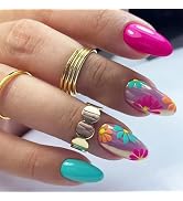 Fall Flower Press on Nails Blue Flower Acrylic Fake Nails Medium-Short Almond Glossy Rose Red Flo...