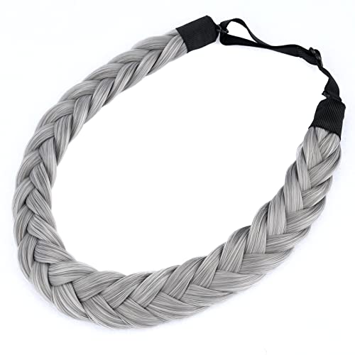 BOBIYA 2 Strands Synthetic Hair Braided Headband Classic Chunky Plaited Braids Elastic Stretch Hairpiece for Women Girl Beauty Accessory (Smoky Gray)