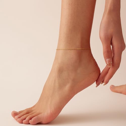 Image of NONAMOIS Ankle Bracelets for Women Dainty 18K Gold Plated Anklet Waterproof Round Beaded Paperclip Herringbone Pearl Chain Anklets Waterproof Beach Foot Jewelry