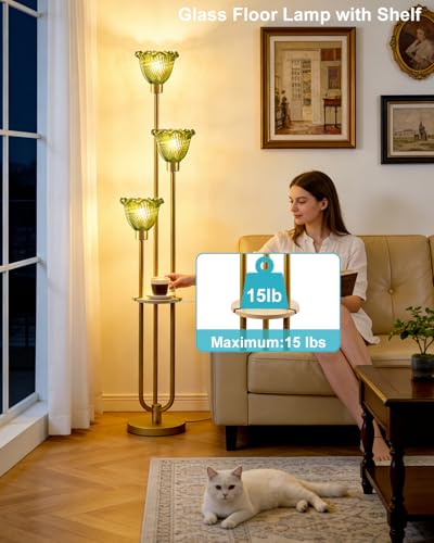 Image of Lightdot Green Glass Floor Lampfor Living Room Gold Floor Lamp with Glass Shade & 3000K Bulbs Included 3-Lights Modern Tall Standing Lamp with 5Lbs Heavy Base for Bedroom /Sofa Beside /Corner Decor