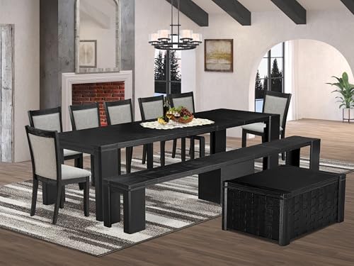 Image of Luxe East West Furniture X07MZ-BC6-06 10-pc Dining Table Set a Rectangular Xtenczar Kitchen Table with Coffee Table and Wooden Benches and 7 Shitake Linen Fabric Dining Chair, Wire Brushed Black