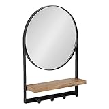 Kate and Laurel Chadwin Modern Round Wall Mirror with Shelf, 15 x 21, Natural Brown and Black, Farmhouse Circle Wood and Metal Mirror with Hooks for Storage and Display