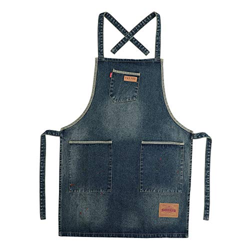 VANTOO Unisex Distressed Chef Denim Apron Jean Apron with Pockets,Navy Blue