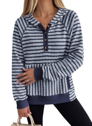 Dokotoo Striped Sweatshirt for Women Pullover Shirts Fall Outfits, Blue M - image 2