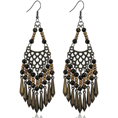 Handmade Vintage Bronze Bohemian Long Tassel Colorful Bead Dangle Drop Earrings Big Tribal Chandelier Geometry Hook Earrings for Women Statement Jewelry Gifts
