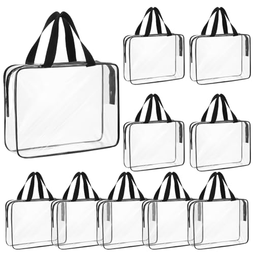 Molain 10 Pack Large Clear Makeup Bags with Zipper Handle, 12x9x4 Inch PVC Toiletry Travel Bag Waterproof Cosmetic Tote Pouch Transparent Storage Organizer for Women Men