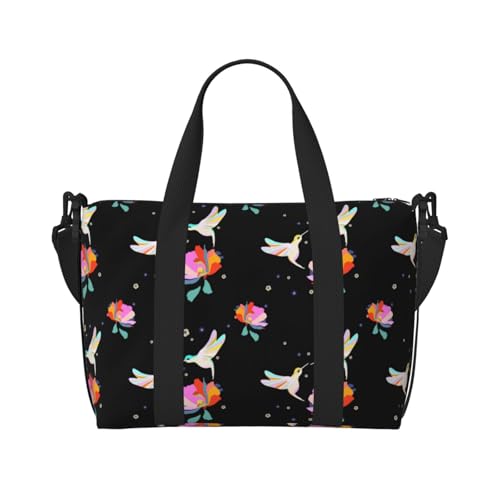 Carry On Duffle Bags Overnight Weekender Bags for Women, Flower Hummingbird Black Personal Item Travel Bag, Travel Essentials Sport Gym Bag for Men Women