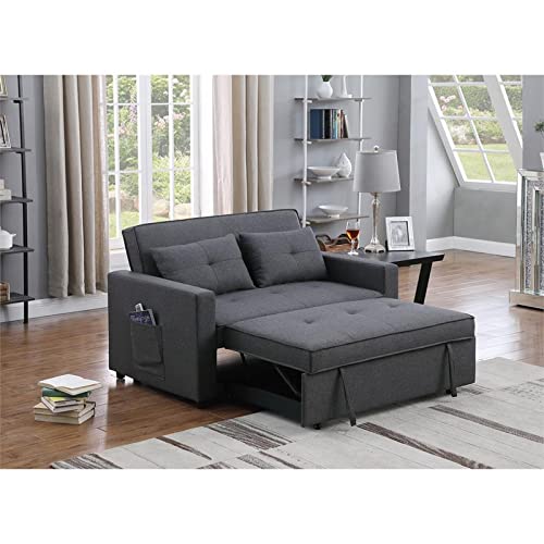 BOWERY HILL Dark Gray Linen Fabric 3-in-1 Convertible Sleeper Loveseat with Side Pocket BOWERY HILL Dark Gray Linen Fabric 3-in-1 Convertible Sleeper Loveseat with Side Pocket