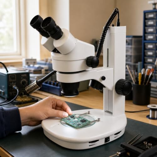 Image of VS-2EZ Binocular Zoom Stereo Microscope, 10x Widefield Eyepiece, 0.7X-4.5X Zoom Range, 3.5X-90x Magnification Range, 0.5X & 2X Auxiliary Lens, LED Illumination, Track Stand