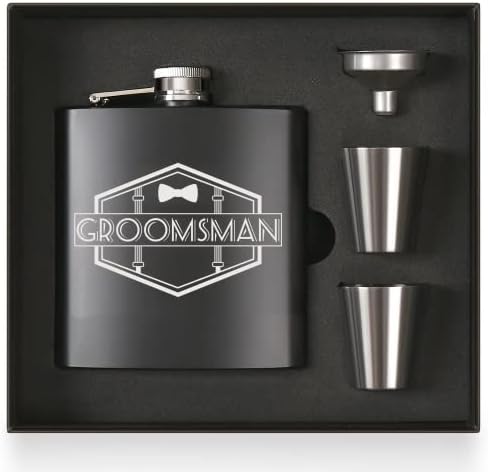 Groomsman Flask Set - Wedding Party Boxed Gift Set for Groomsmen & Best Man. Stainless Steel Groomsman Gift with Shot Glasses for Bachelor Party