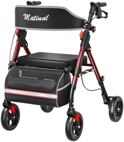 Matinal Leichtgewicht Rollator faltbar mit Sitz, Bis (160 kg) belastbar | 6-fach höhenverstellbar, 8-Zoll All-Terrain-Reifen, Robuste Aluminium-Laufhilfe Ideal für Indoor & Outdoor