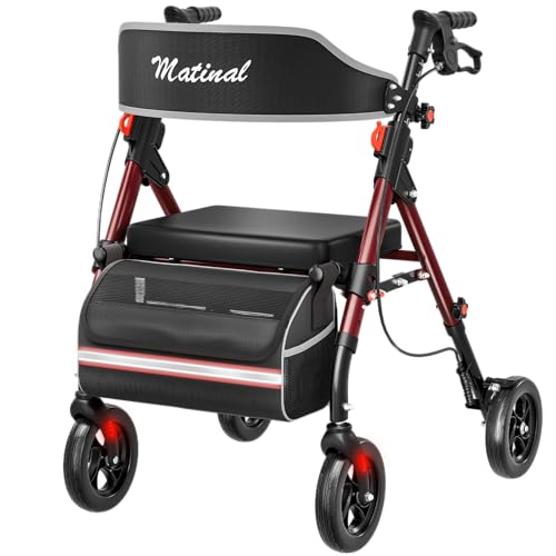 Matinal Leichtgewicht Rollator faltbar mit Sitz, 6-fach höhenverstellbar, Bis (160 kg) belastbar, 8-Zoll All-Terrain-Reifen, Robuste Aluminium-Laufhilfe Ideal für Indoor & Outdoor(Weinrot)
