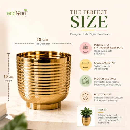 Image of ecofynd 1 Pack Metal Plant Pots (7 inch), Indoor Small Planter Flower Pots, Home Garden Decor Planter for Living Room Bedroom Interior (Gold Finish, POT049)