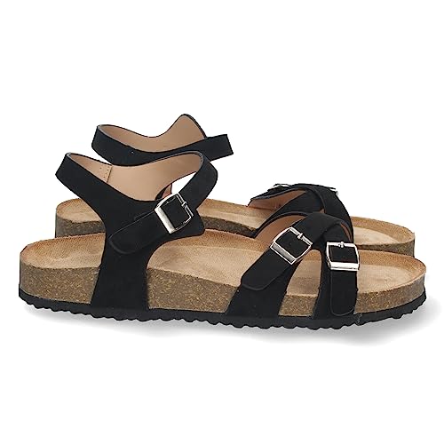 shoes&blues.es 74947-Sandalia Plana de Mujer, Comoda, Planta Bio, con Palas Cruzadas, y Cierre de Hebilla. Talla 37 Negro