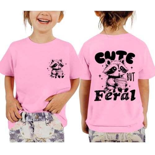 Cute But Feral Shirt for Girls Kids Funny Raccoon Graphic Tees Summer Toddler Printed Short Sleeve Trendy Cotton Tops