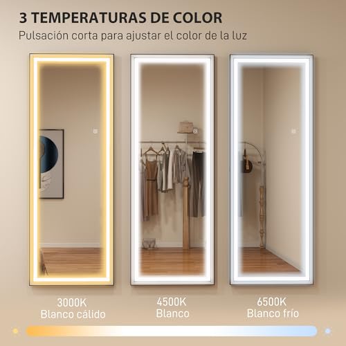 Miniatura 3 de Homcom Espejo De Pie Cuerpo Entero Con Luces, 165x60 Cm, Espejo De Cuerpo Entero, 3 Temperaturas De Color, Brillo Ajustable, Independiente, Apoyado Y De Pared, Para Dormitorio, Salón, Blanco Y Negro