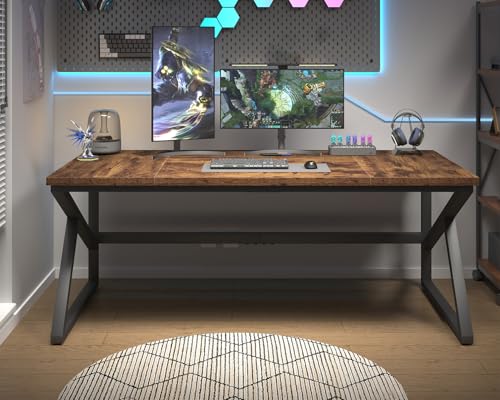 Image of HSH Large Rustic Brown Computer Desk, 70 Inch Home Office Metal Wood Desk for 2 Person, Farmhouse Extra Long Writing Study Gaming Table, Bedroom Living Room PC Laptop Dual Monitor Desk