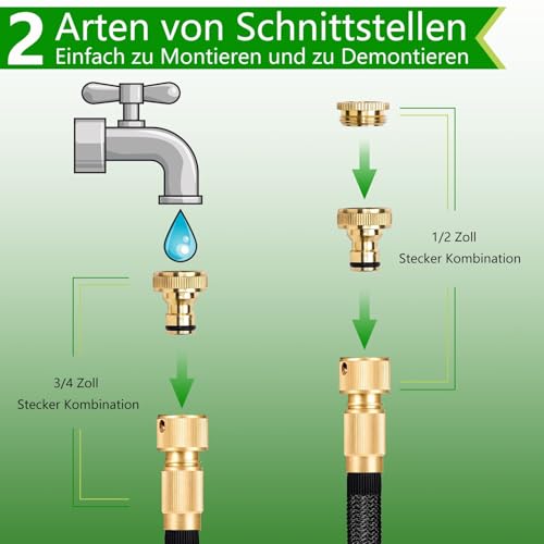30M/100FT Flexibler Gartenschlauch, Wasserschlauch Dehnbar mit 8 Modi Wassersprühpistole, Adapter für 1/2' 3/4' Zoll und Wandhalterung, Schlauch Flexibel Bewässerung für den Außenbereich